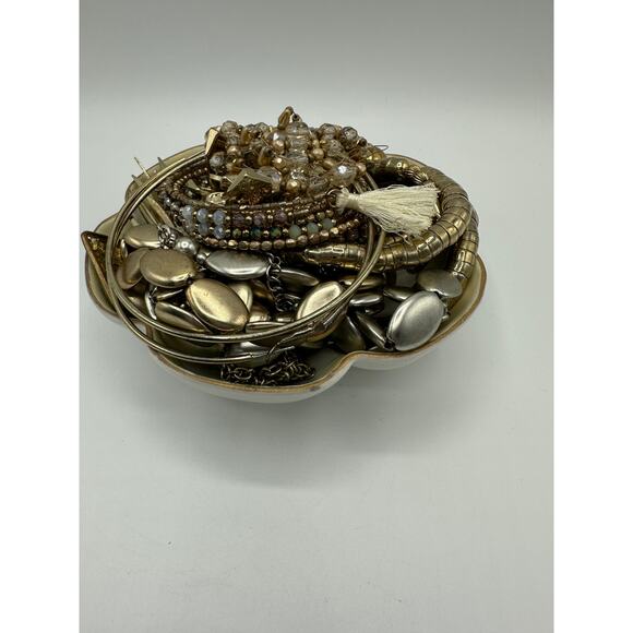 Vintage Gold Tone Jewelry Mystery Jewelry Jar in Vintage Nippon Nut Bowl - Picture 1 of 6